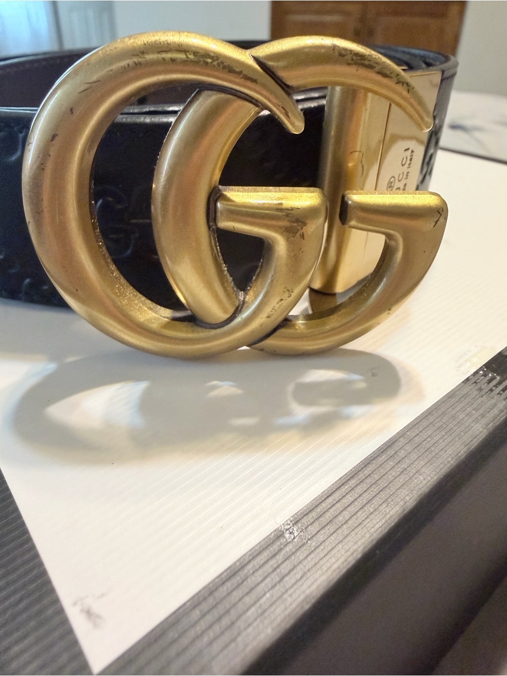 Gucci Brown Leather Belt with Brushed Gold Rectangular Buckle - Picture 2 of 4